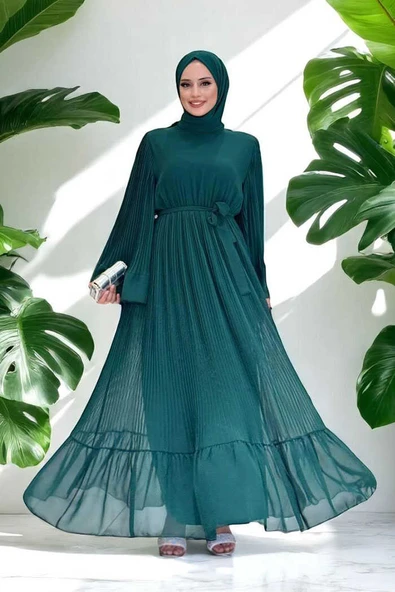 Piliseli Fırfır Görünümlü Astarlı Şifon Elbise 3404 Zümrüt