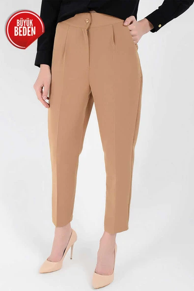Büyük Beden Fermuarlı Cep Detaylı Kalem Pantolon 0201-1 Taba - Resim 5
