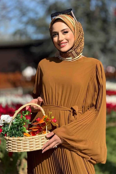 Piliseli Fırfır Görünümlü Astarlı Şifon Elbise 3404 Taba - 4