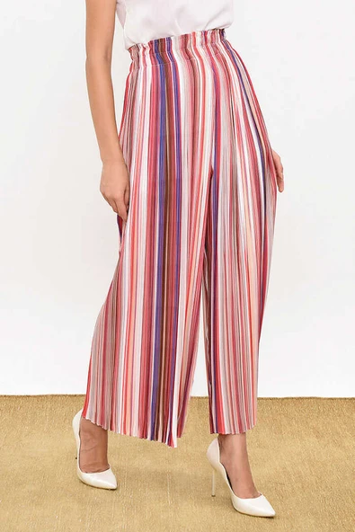 Bel Lastikli Renkli Çizgi Desenli Pantolon 0204 Pudra - Resim 5