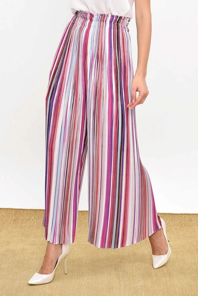 Bel Lastikli Renkli Çizgi Desenli Pantolon 0204 Fuşya - Resim 5