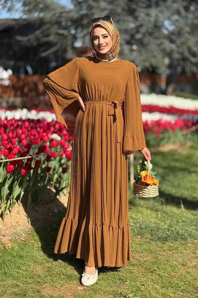 Piliseli Fırfır Görünümlü Astarlı Şifon Elbise 3404 Taba - 3