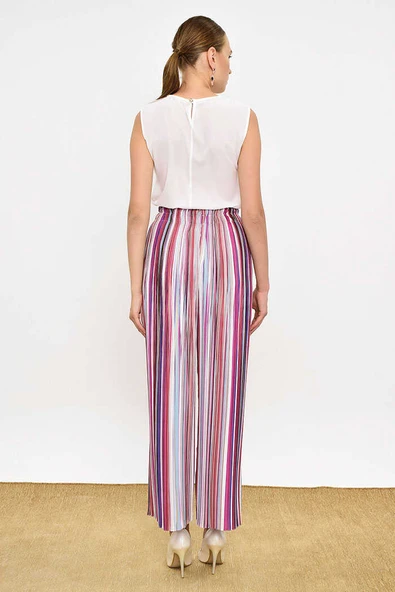 Bel Lastikli Renkli Çizgi Desenli Pantolon 0204 Fuşya - Resim 8
