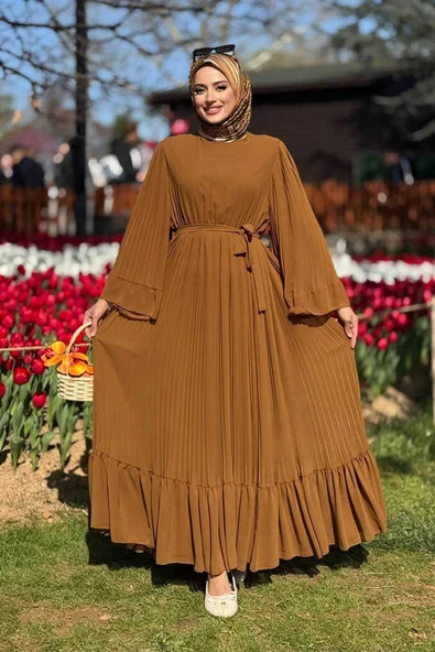 Piliseli Fırfır Görünümlü Astarlı Şifon Elbise 3404 Taba