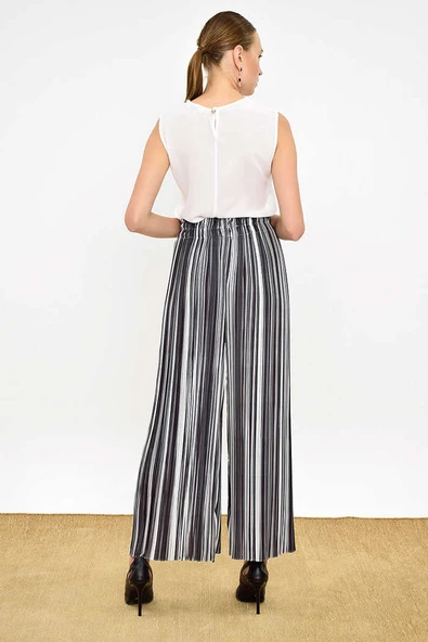 Bel Lastikli Renkli Çizgi Desenli Pantolon 0204 Siyah - Resim 8