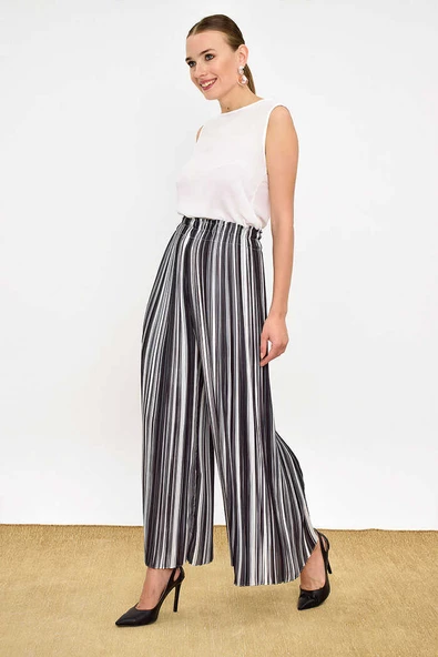 Bel Lastikli Renkli Çizgi Desenli Pantolon 0204 Siyah - Resim 3