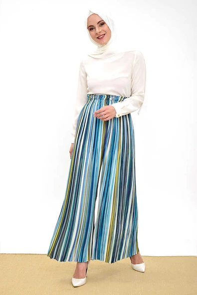 Bel Lastikli Renkli Çizgi Desenli Pantolon 0204 Mint - Resim 5