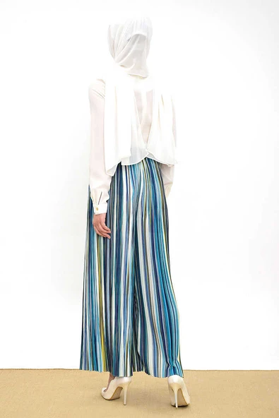 Bel Lastikli Renkli Çizgi Desenli Pantolon 0204 Mint - Resim 6