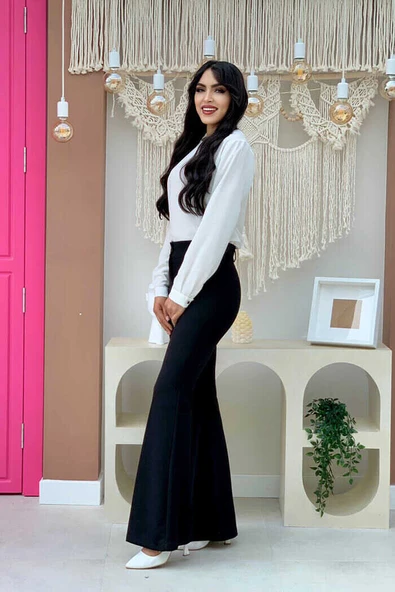 Bel Fermuarlı İspanyolpaça Pantolon 0231 Siyah - Resim 4