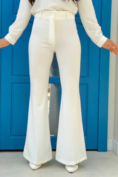 Bel Fermuarlı İspanyolpaça Pantolon 0231 Ekru