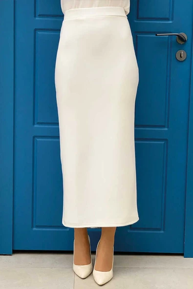 Bel Lastikli Likralı Kalem Etek 1074 Ekru - Resim 2