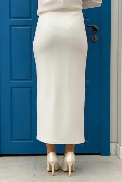 Bel Lastikli Likralı Kalem Etek 1074 Ekru - Resim 4