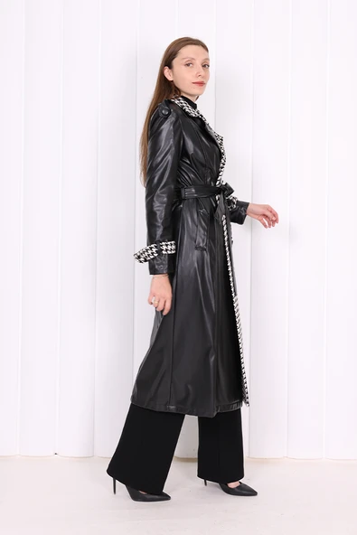 Ön Düğmeli Kuşaklı Ekose Deri Kap 7530 Siyah - Resim 4