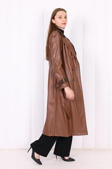 Ön Düğmeli Kuşaklı Ekose Deri Kap 7530 Taba