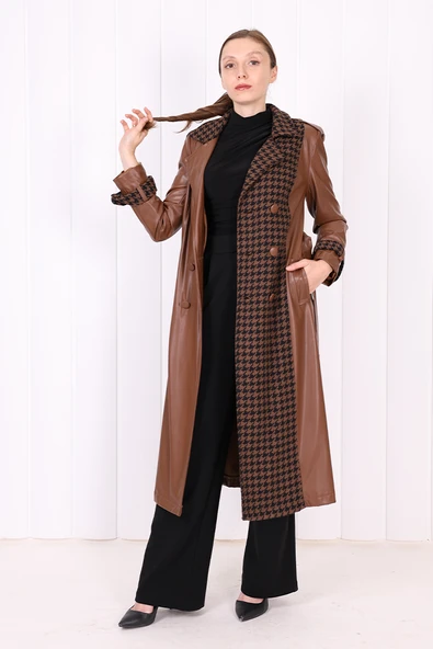 Ön Düğmeli Kuşaklı Ekose Deri Kap 7530 Taba - 3