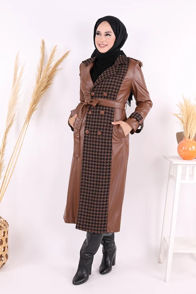 Ön Düğmeli Kuşaklı Ekose Deri Kap 7530 Taba - 4