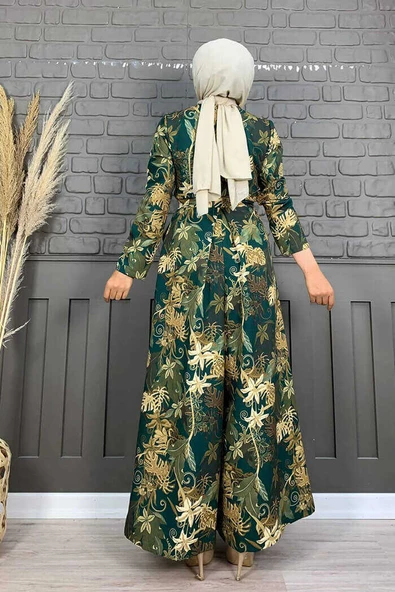 Göğüs Kısmı Gizli Düğmeli Bel Kuşaklı Baskı Desenli Tulum 3486 Zümrüt - Resim 3