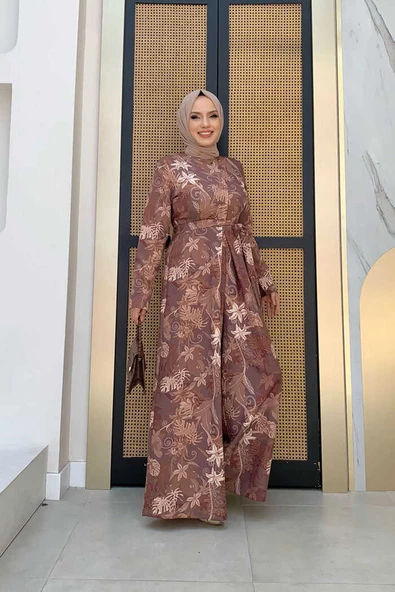 Göğüs Kısmı Gizli Düğmeli Bel Kuşaklı Baskı Desenli Tulum 3486 Kahverengi - Resim 2