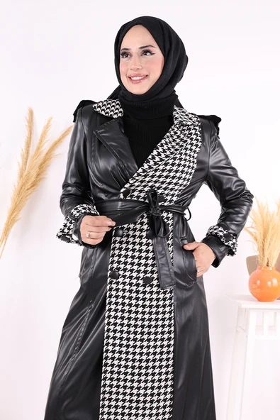 Ön Düğmeli Kuşaklı Ekose Deri Kap 7530 Siyah - Resim 6