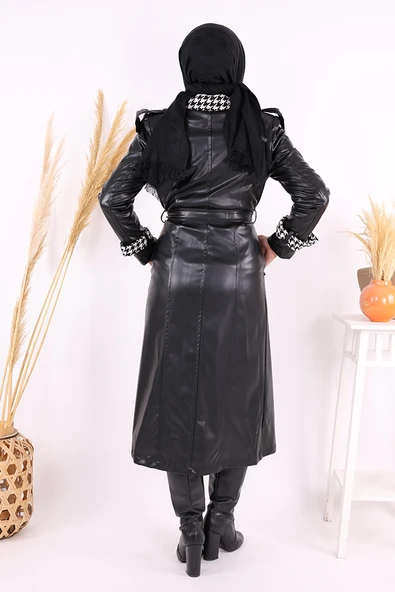 Ön Düğmeli Kuşaklı Ekose Deri Kap 7530 Siyah - Resim 5