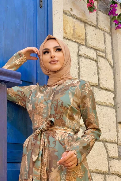 Göğüs Kısmı Gizli Düğmeli Bel Kuşaklı Baskı Desenli Tulum 3486 Mint - Resim 3