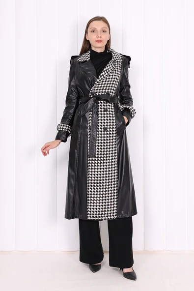 Ön Düğmeli Kuşaklı Ekose Deri Kap 7530 Siyah ürün görseli 1