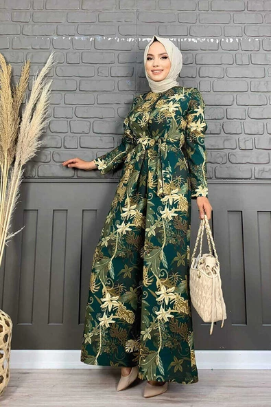 Göğüs Kısmı Gizli Düğmeli Bel Kuşaklı Baskı Desenli Tulum 3486 Zümrüt - Resim 2