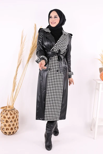 Ön Düğmeli Kuşaklı Ekose Deri Kap 7530 Siyah - Resim 2