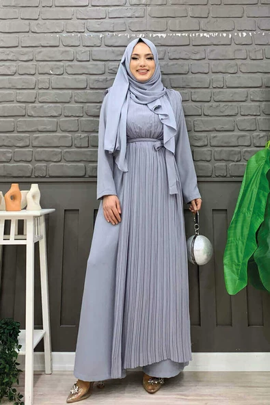 Piliseli Şifon Pelerin Detay Bel Kuşaklı Tulum 3498 Gri