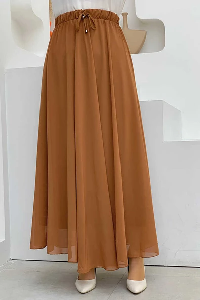 Lastikli Bel Bağcıklı Astarlı Şifon Etek 1141 Taba