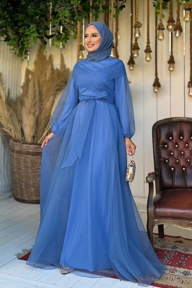 Omuz Şerit Detay Bel Bağlamalı Tül Abiye Elbise 3964 İndigo - Resim 2