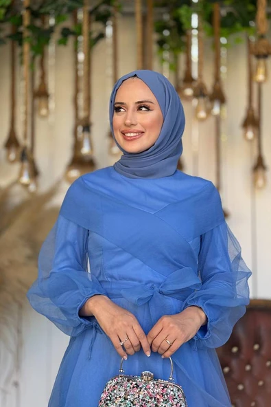 Omuz Şerit Detay Bel Bağlamalı Tül Abiye Elbise 3964 İndigo - Resim 4