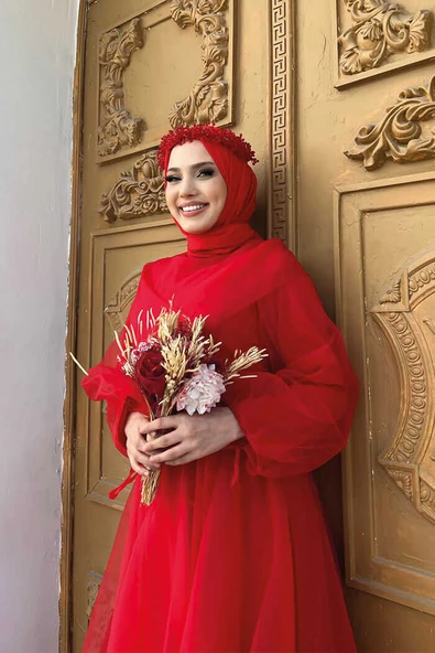 Omuz Şerit Detay Bel Bağlamalı Tül Abiye Elbise 3964 Kırmızı - Resim 4