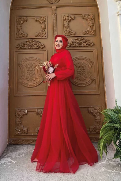 Omuz Şerit Detay Bel Bağlamalı Tül Abiye Elbise 3964 Kırmızı - Resim 3