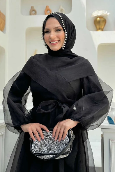 Omuz Şerit Detay Bel Bağlamalı Tül Abiye Elbise 3964 Siyah - Resim 4