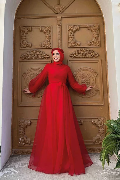 Omuz Şerit Detay Bel Bağlamalı Tül Abiye Elbise 3964 Kırmızı - Resim 2