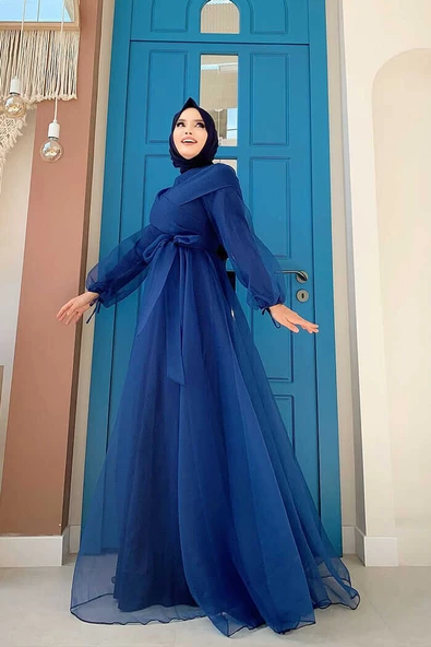 Omuz Şerit Detay Bel Bağlamalı Tül Abiye Elbise 3964 Lacivert - Resim 2