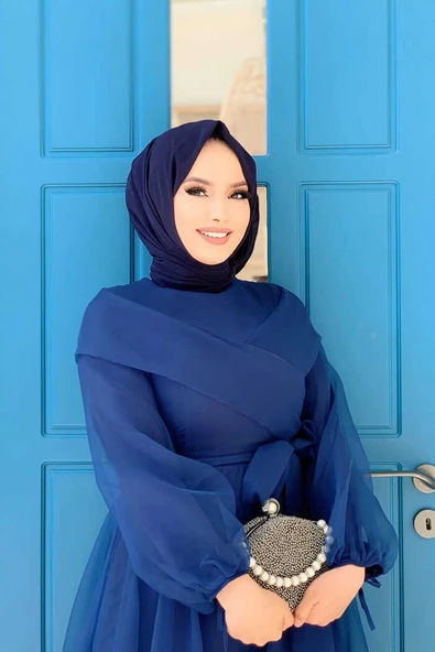 Omuz Şerit Detay Bel Bağlamalı Tül Abiye Elbise 3964 Lacivert - Resim 3