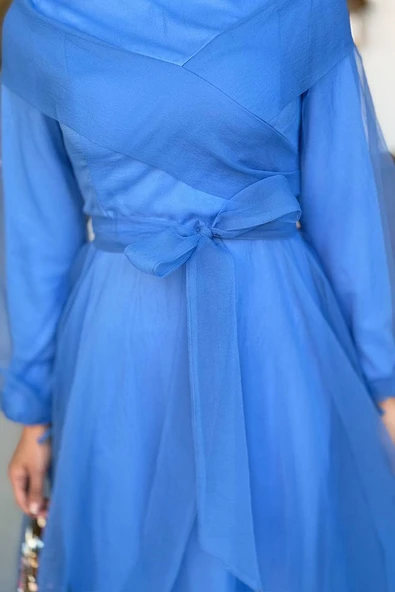 Omuz Şerit Detay Bel Bağlamalı Tül Abiye Elbise 3964 İndigo - Resim 3