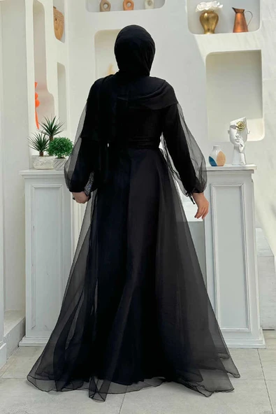 Omuz Şerit Detay Bel Bağlamalı Tül Abiye Elbise 3964 Siyah - Resim 2