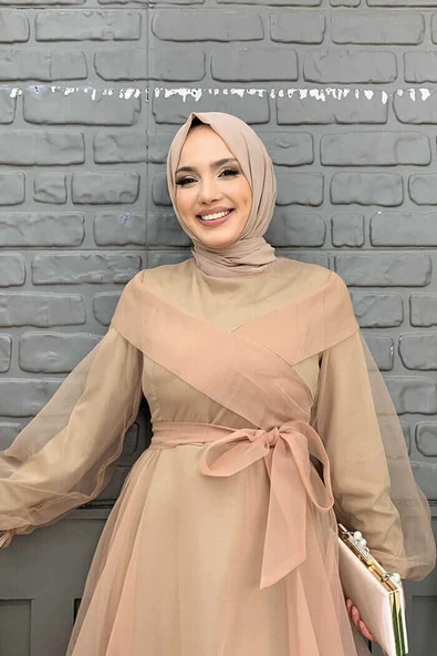 Omuz Şerit Detay Bel Bağlamalı Tül Abiye Elbise 3964 Vizon - Resim 4