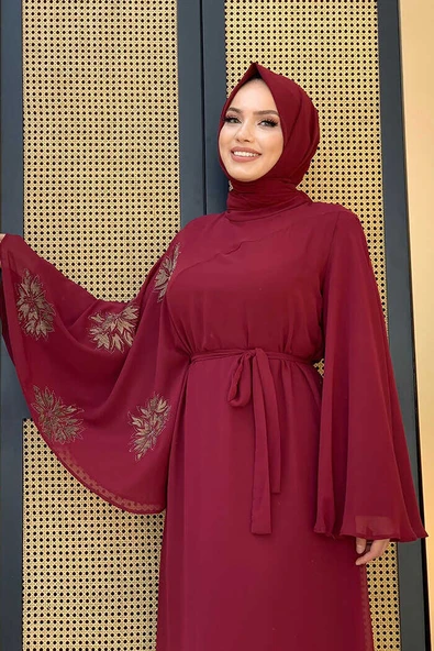 Yarasakol Tek Kol Baskılı Şifon Astarlı Abiye Elbise 3539 Bordo - 8