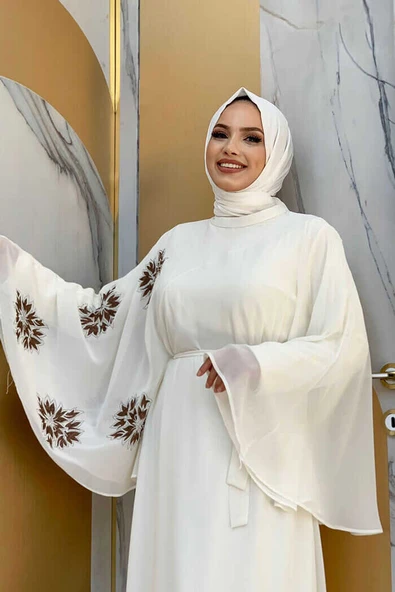 Yarasakol Tek Kol Baskılı Şifon Astarlı Abiye Elbise 3539 Ekru - Resim 4