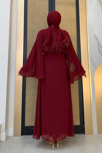 Yarasakol Tek Kol Baskılı Şifon Astarlı Abiye Elbise 3539 Bordo - 6