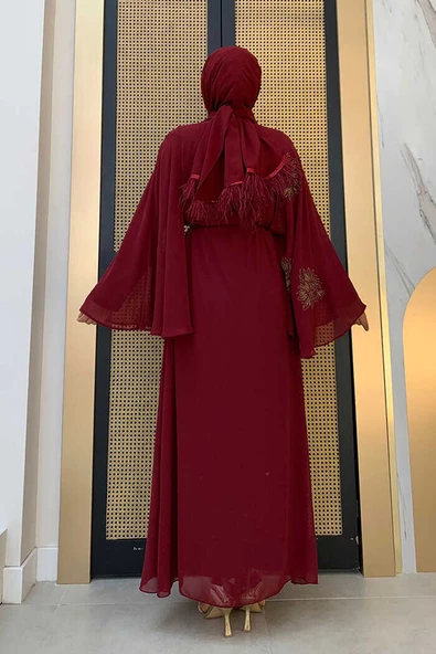 Yarasakol Tek Kol Baskılı Şifon Astarlı Abiye Elbise 3539 Bordo - 5