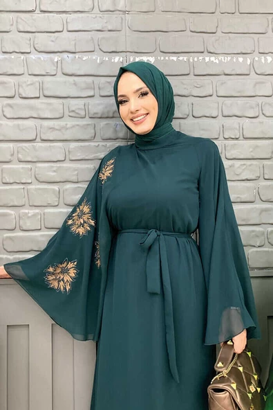 Yarasakol Tek Kol Baskılı Şifon Astarlı Abiye Elbise 3539 Zümrüt - Resim 4