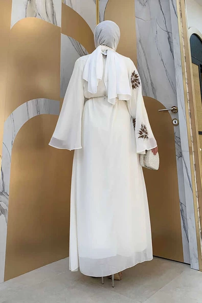 Yarasakol Tek Kol Baskılı Şifon Astarlı Abiye Elbise 3539 Ekru - Resim 3