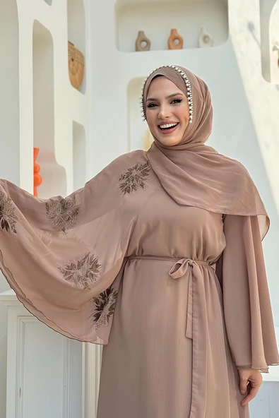 Yarasakol Tek Kol Baskılı Şifon Astarlı Abiye Elbise 3539 Vizon - Resim 4