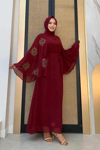 Yarasakol Tek Kol Baskılı Şifon Astarlı Abiye Elbise 3539 Bordo - 4