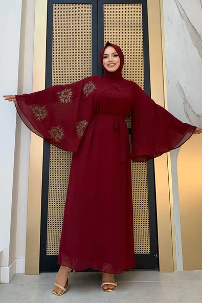 Yarasakol Tek Kol Baskılı Şifon Astarlı Abiye Elbise 3539 Bordo - 2